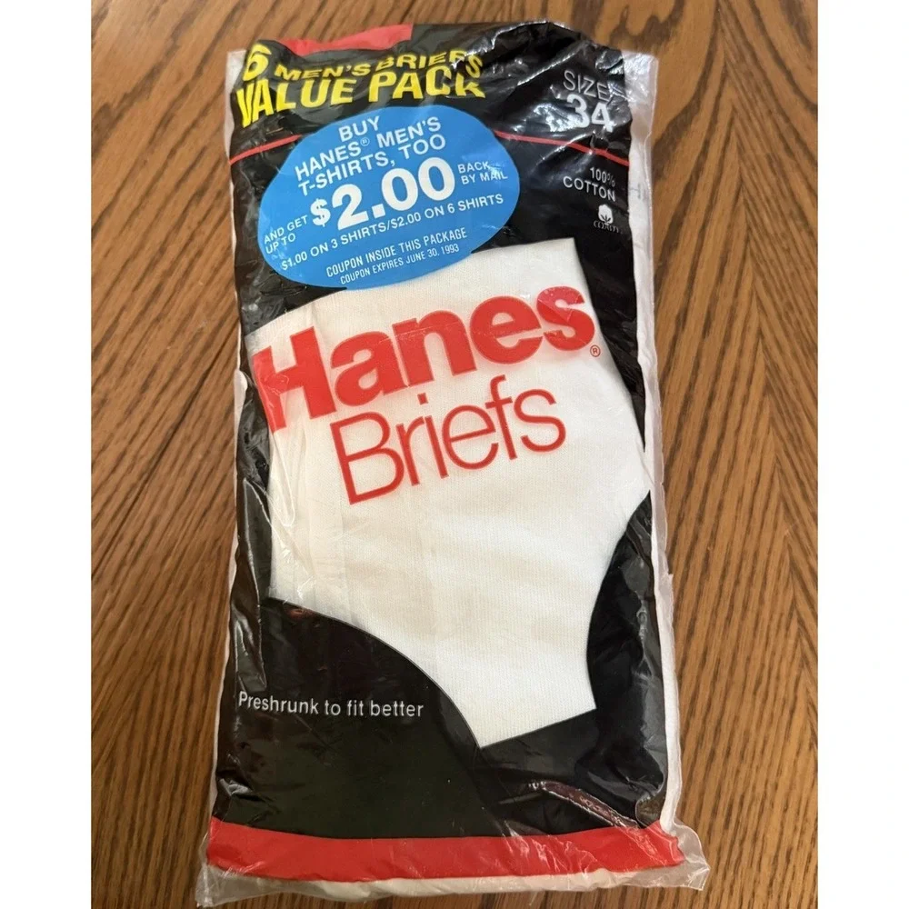 Vintage Hanes Men's Briefs White Size 34 6 pack Underwear Cotton 1990 NOS Sealed